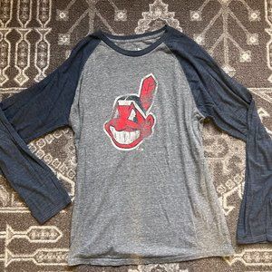 Fanatics T Shirt Cleveland Indians Mens XL Blue Grey Long Sleeve Chief Wahoo
